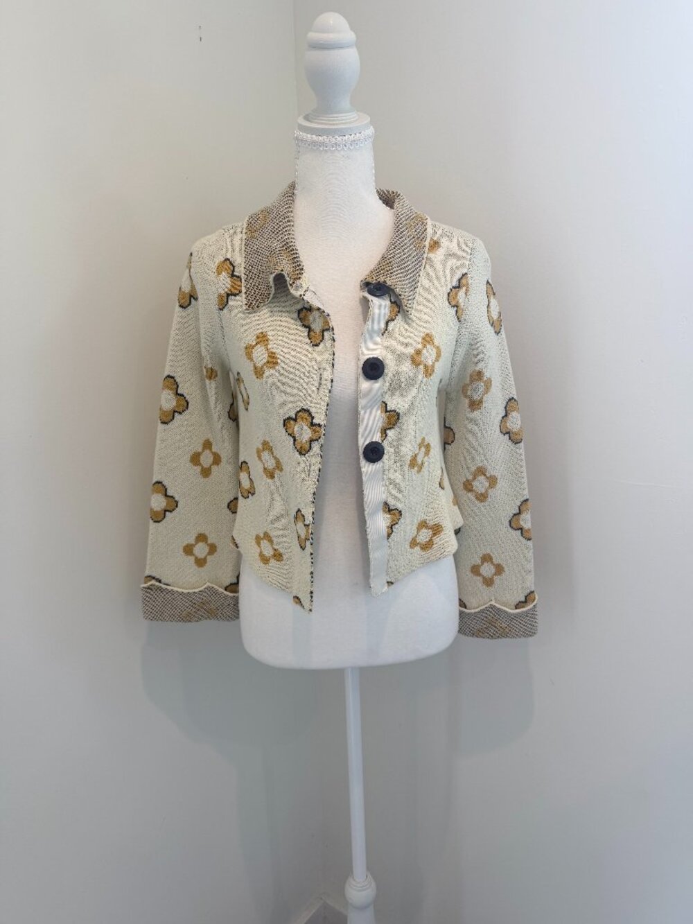 ModCloth Retro Cropped Floral Knit Cardigan Jacket - Cream & Yellow - Size S